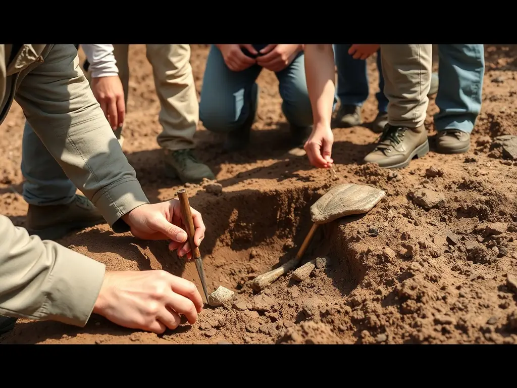 A group of participants carefully excavating a site during an archaeological workshop, with an archaeologist demonstrating proper techniques.