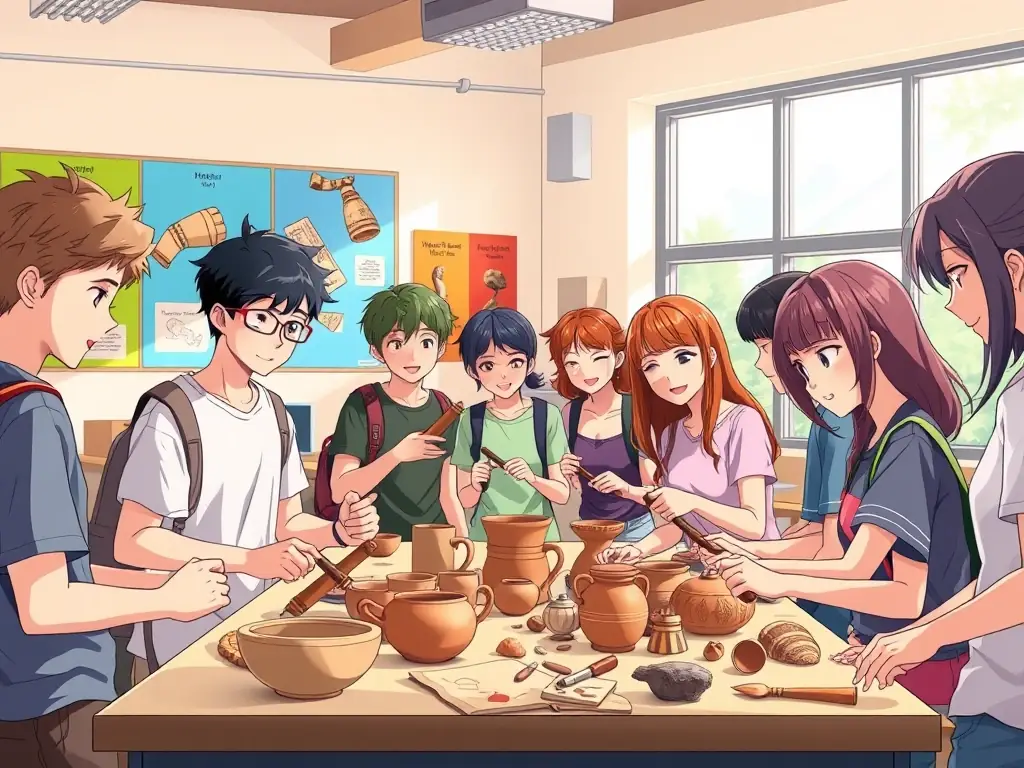 A classroom setting where an archaeologist is teaching a group of students about ancient pottery, demonstrating how to identify different types of ceramics and their historical significance.