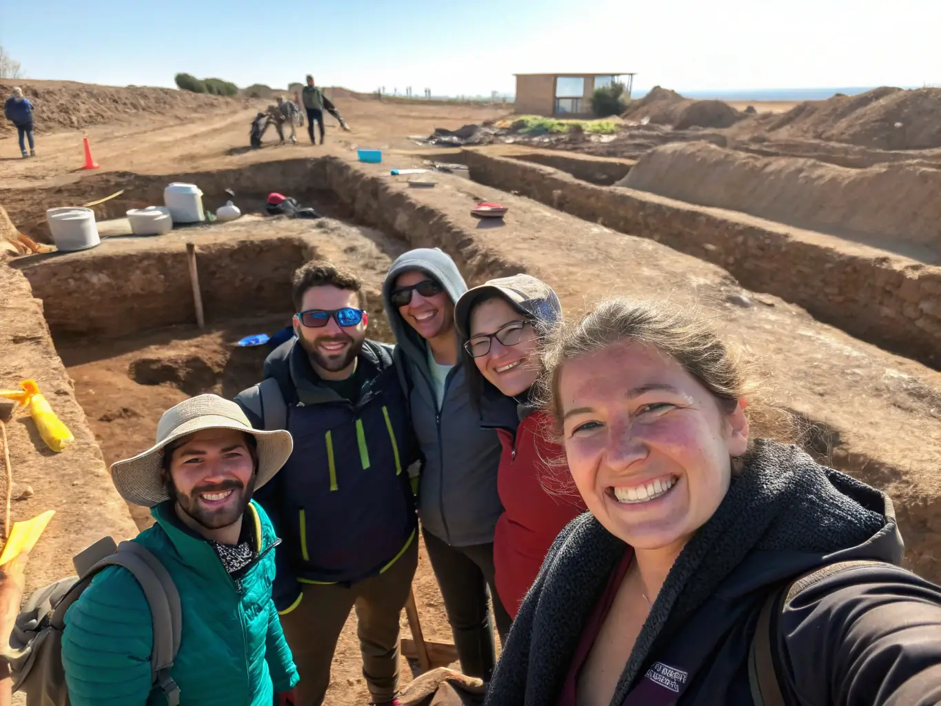 A diverse group of volunteers participating in a community archaeology project, working together to sift through soil and identify artifacts, fostering a sense of shared heritage and community involvement.