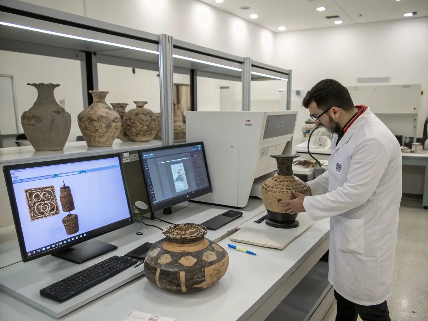Researchers meticulously documenting artifacts in a lab setting, showcasing the detailed work involved in archaeological research.